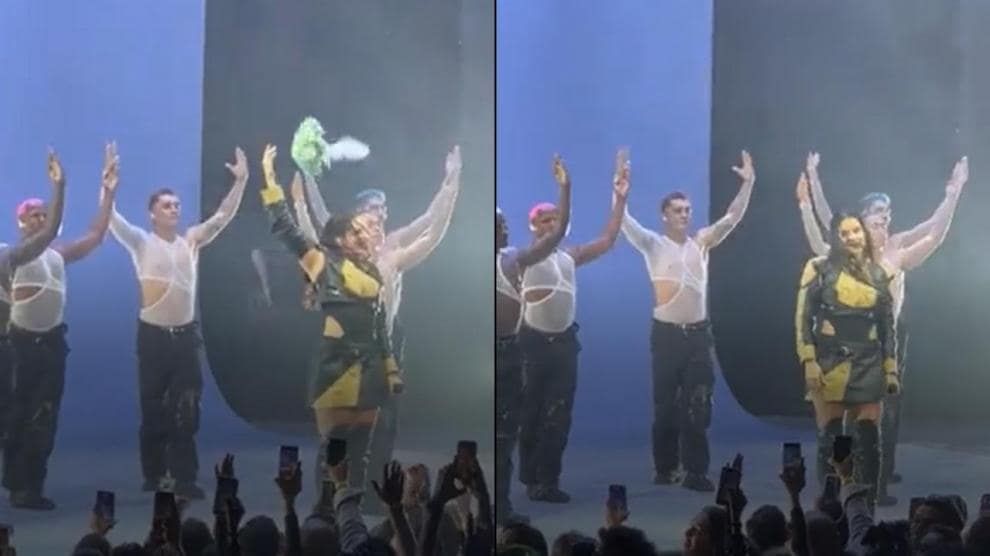 La reacción de Rosalía al ser golpeada por un ramo de flores en la cara en pleno concierto